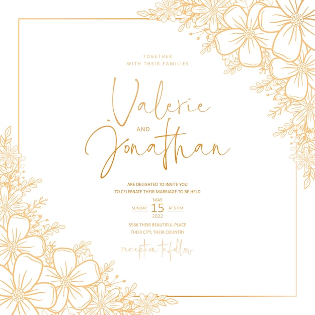 Wedding invitation template with floral outline decoration