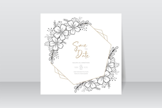 Wedding invitation template with floral outline decoration