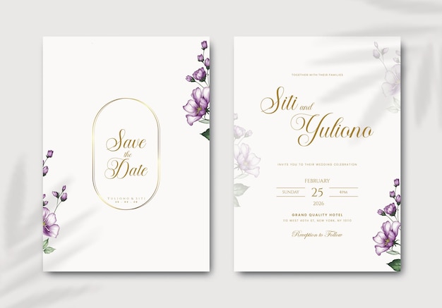 wedding invitation template with flower watercolor premium vector