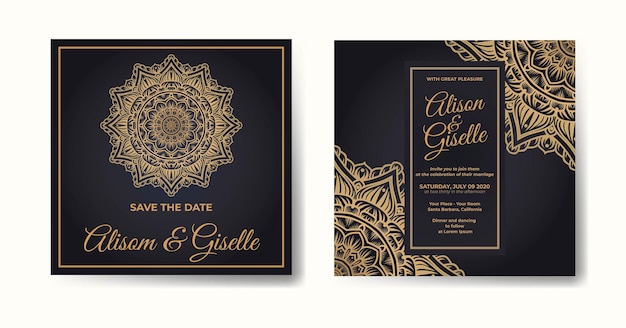 Wedding invitation template with gold mandala design ornament