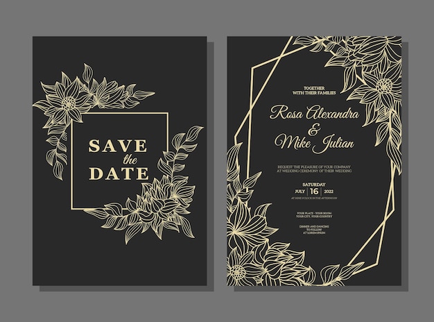 Wedding invitation template with gold outline flower hand drawn