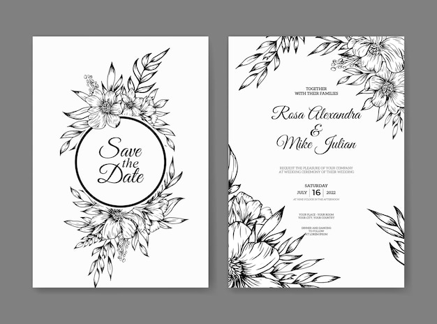 Wedding invitation template with gold outline flower