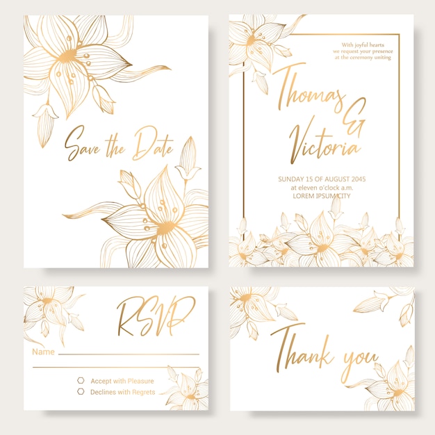 Wedding invitation template with golden decorative elements.