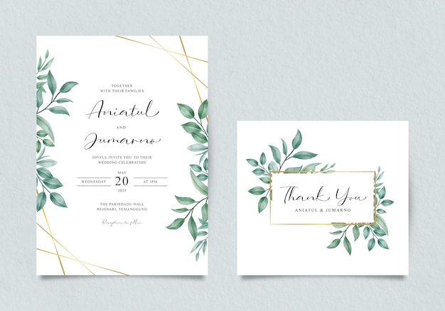 Wedding invitation template with golden geometric frame and green leaves