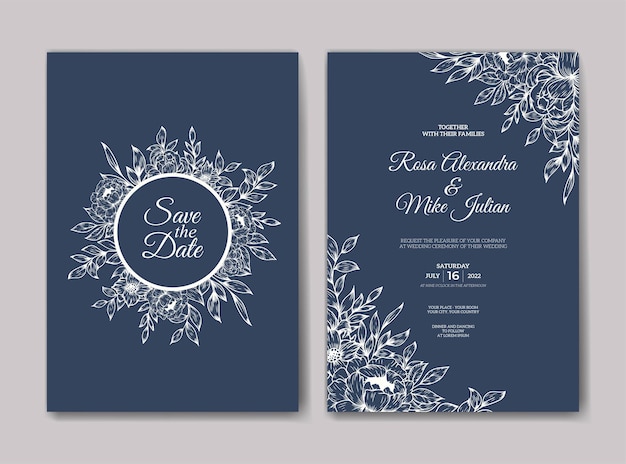 wedding invitation template with hand drawn outline flower decoration