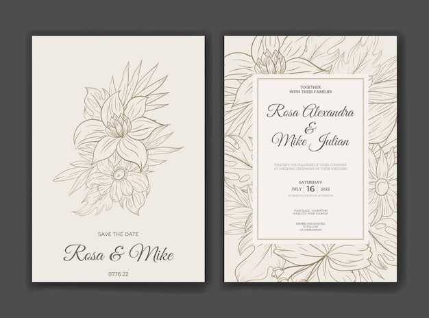 Wedding invitation template with monstera tropical flowers outline