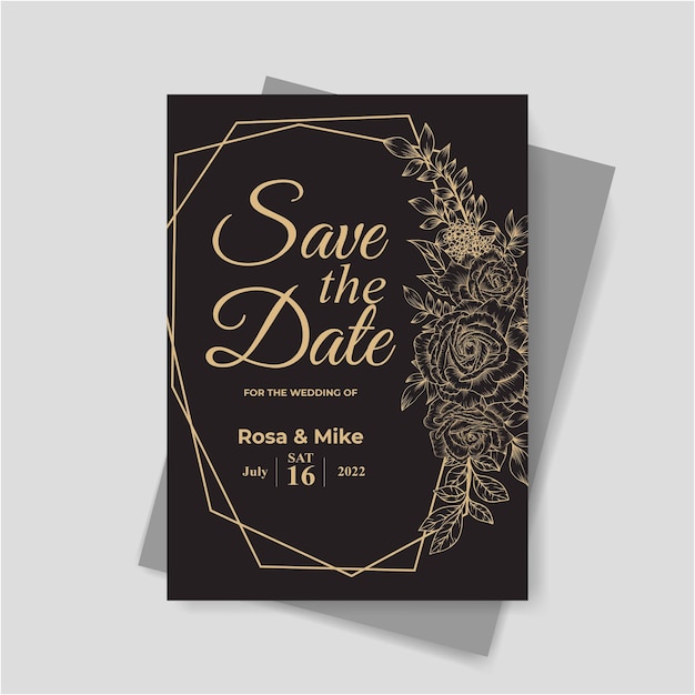 Wedding invitation template with outline flower decoration