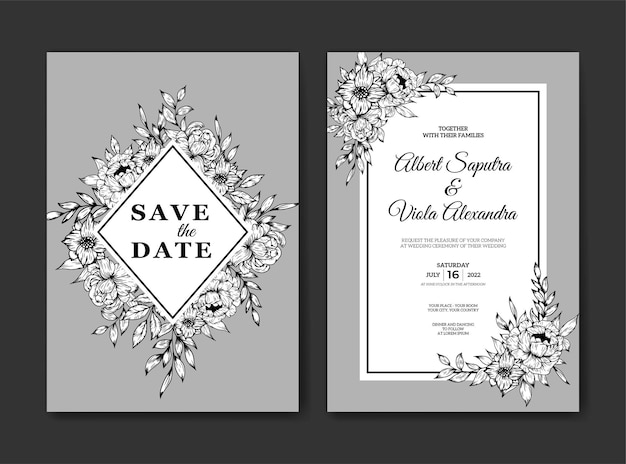 wedding invitation template with outline frame flower decoration