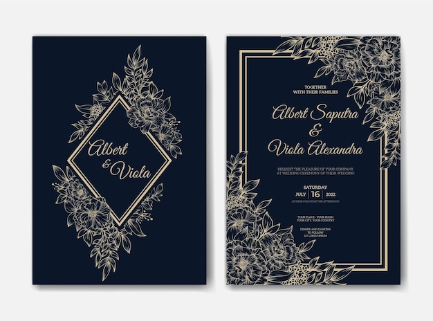 Wedding invitation template with outline rose flower decoration