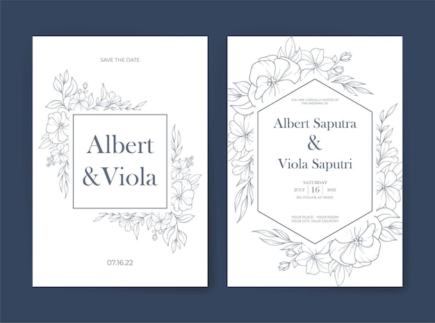 Wedding invitation template with outline spring flower decoration