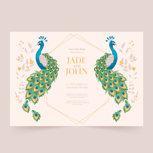 Wedding invitation template with peacock feathers