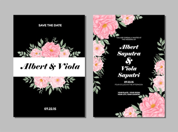 wedding invitation template with pink rose flower watercolor