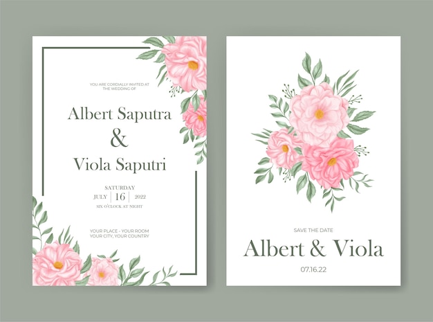 wedding invitation template with pink rose flower watercolor