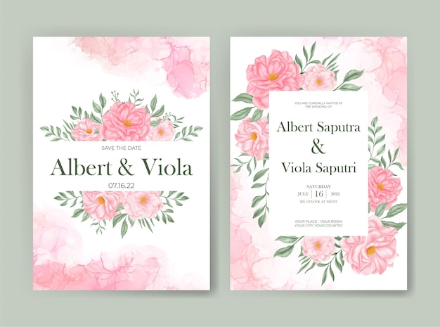 wedding invitation template with pink rose flower watercolor