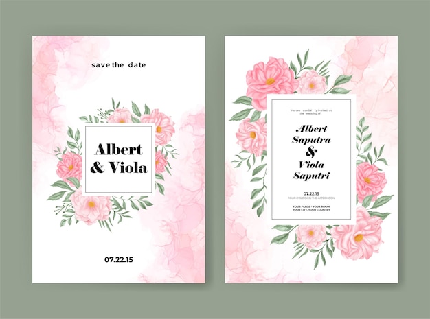 wedding invitation template with pink rose flower watercolor