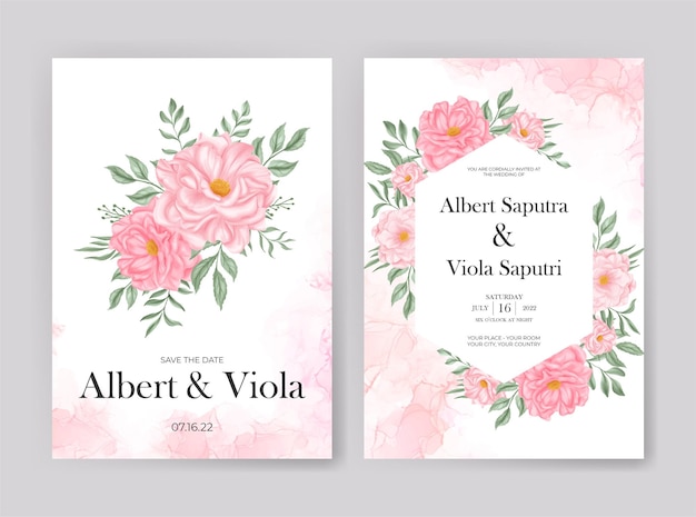 wedding invitation template with pink rose flower watercolor