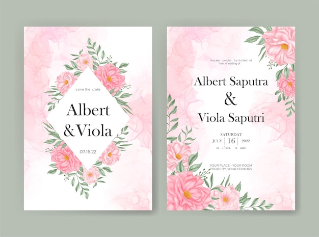 wedding invitation template with pink rose flower watercolor