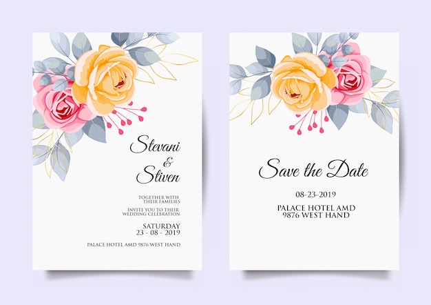 wedding invitation template with pink and yellow flower