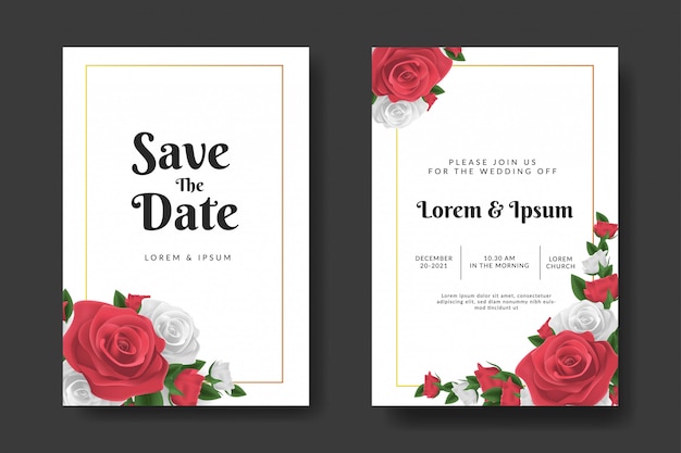 Wedding invitation template with red and white rose flower