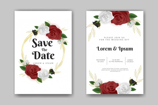 Wedding invitation template with red and white rose flower