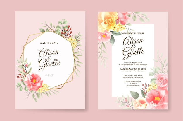 wedding invitation template with rose flower set