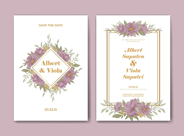 Wedding invitation template with rose purple watercolor