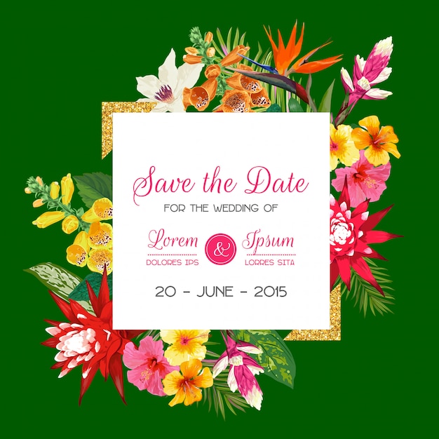 Wedding Invitation Template with Tiger Lily Flowers and Palm Leaves. Tropical Floral Save the Date Card