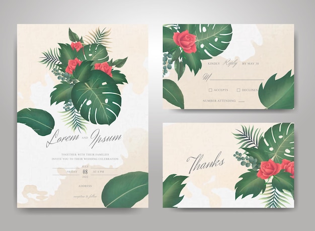 Wedding invitation template with tropical floral ornament