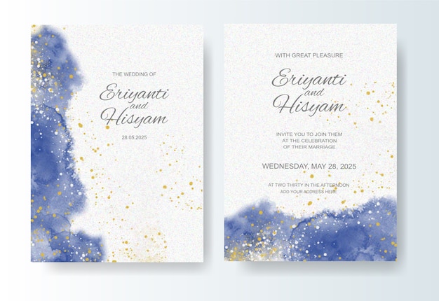 Wedding invitation template with watercolor background and splash