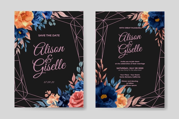 Wedding invitation template with watercolor flower set