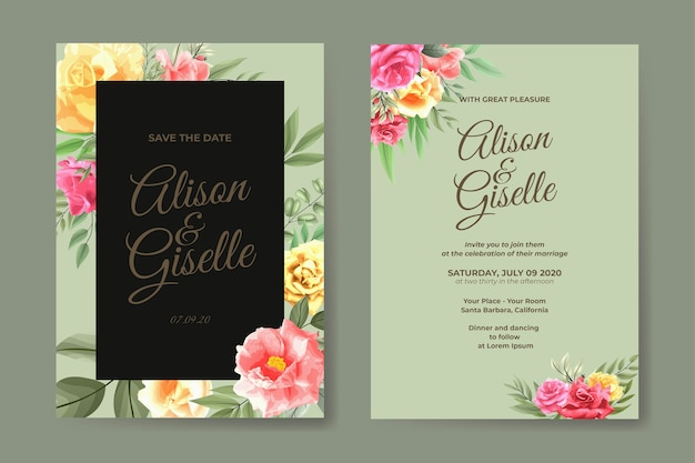 Wedding invitation template with watercolor flower set