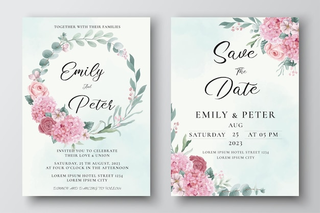 Wedding invitation template with watercolor hydrangea and roses flowers