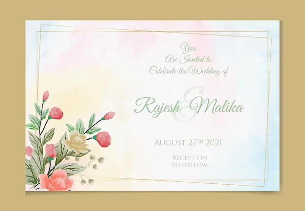 Wedding invitation template with watercolor leaves and flowers