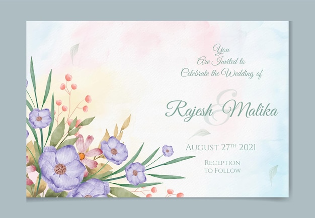 Wedding invitation template with watercolor leaves and flowers