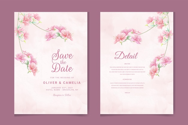 Wedding invitation template with watercolor leaves and flowers.