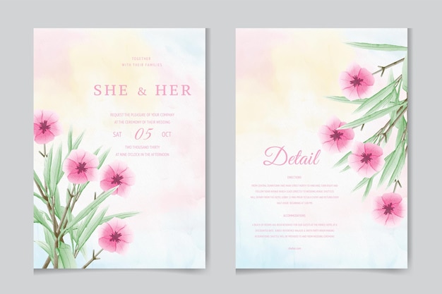 Wedding invitation template with watercolor leaves and flowers.