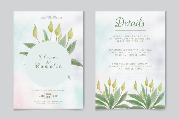 Wedding invitation template with watercolor leaves and flowers.