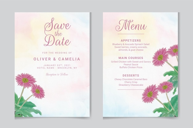 Wedding invitation template with watercolor leaves and flowers.