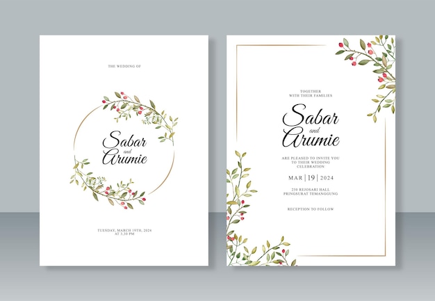 Wedding invitation template with watercolor leaves