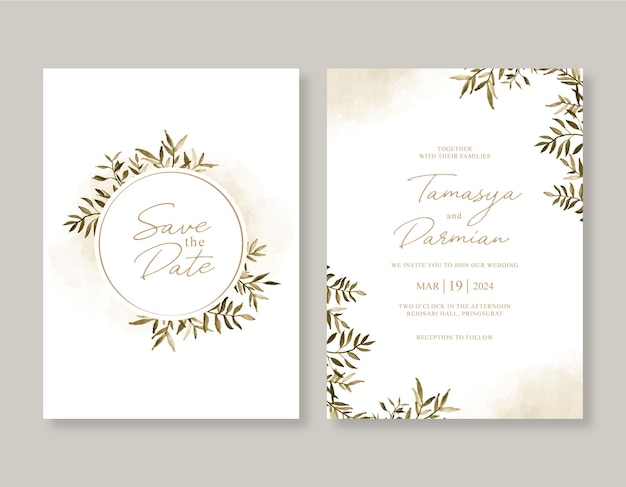 Wedding invitation template with watercolor leaves