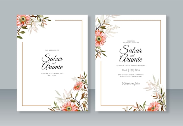 Wedding invitation template with watercolor painting flowers