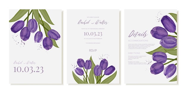 Wedding invitation template with watercolor purple tulips Vector