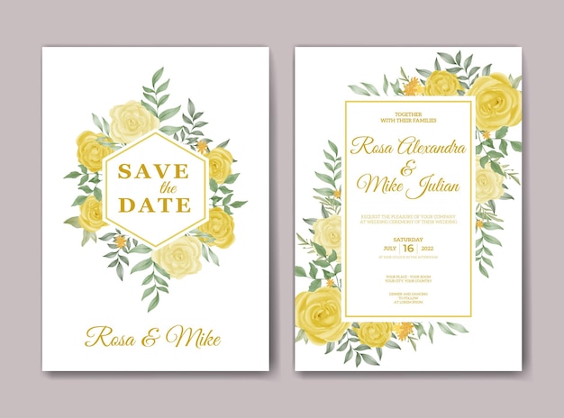 Wedding invitation template with yellow rose flower watercolor