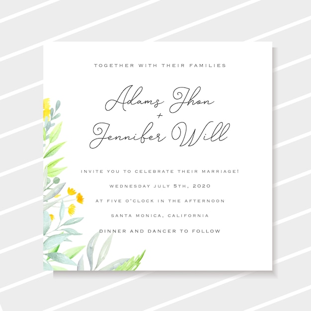 Wedding invitation template with yellow watercolor flowers