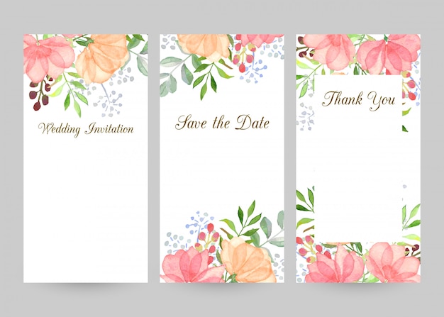 Wedding invitation templates set with watercolor flowers