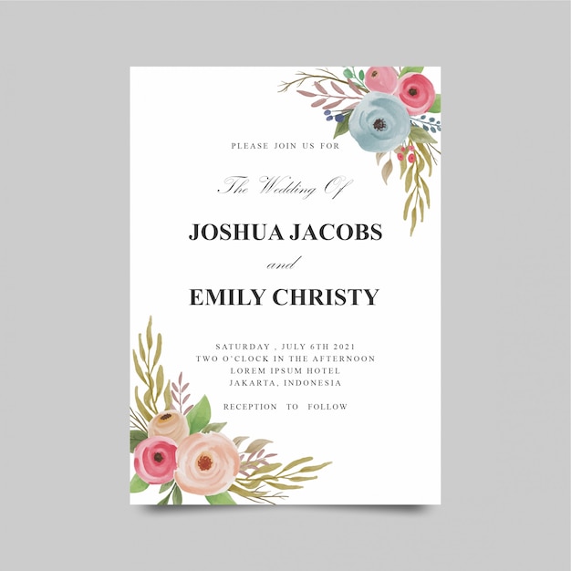 Wedding invitation templates with colorful watercolor rose flowers