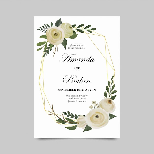 Wedding invitation templates with watercolor flowers and gold frames