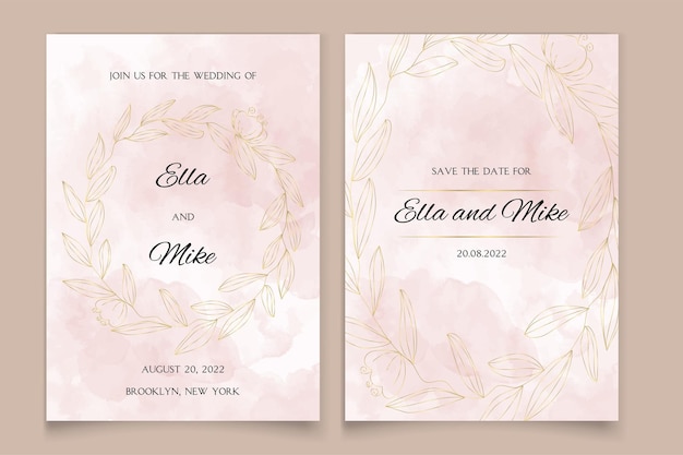 Wedding invitation in watercolor style with golden flowers