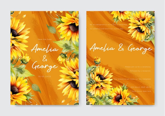 Wedding invitation watercolor template with Sunflower