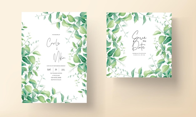 wedding invitation for a wedding with green leaves and flowers